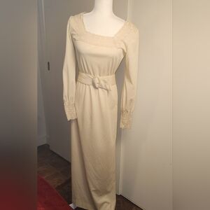 VTG 60s 70s Alison Ayres Cream Long Sleeve Crochet Lace Maxi Dress Small